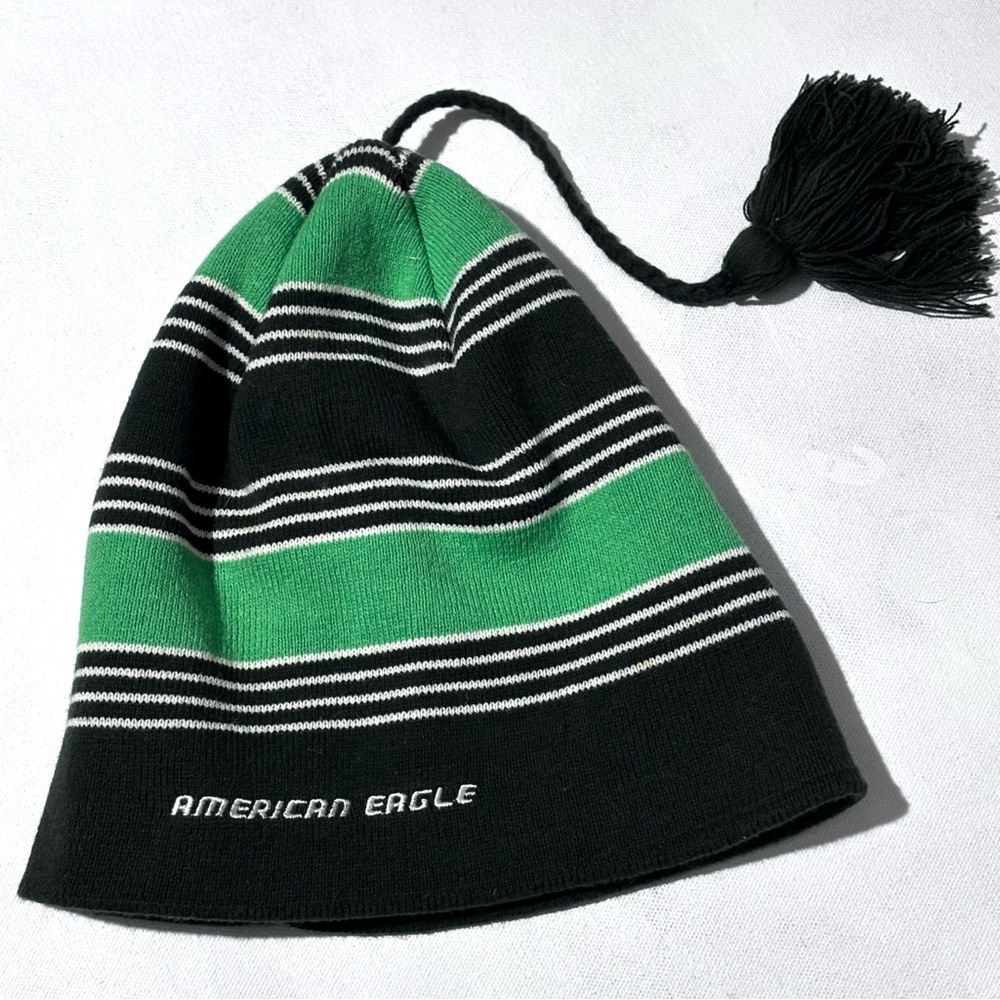 American Eagle Green and Black Striped Beanie